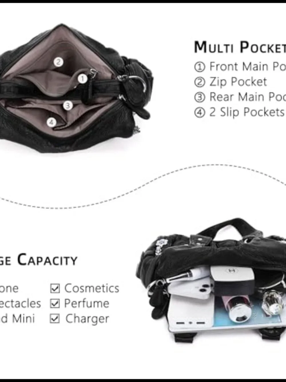 Vegan Leather Hobo Shoulder Bag Multi-Pocket Tote